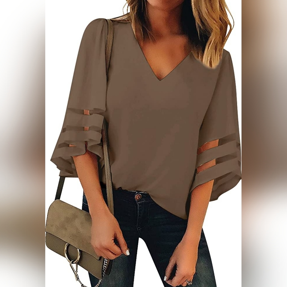 Vetinee Women's 3/4 Bell Sleeve Mesh Panel V Neck Blouse